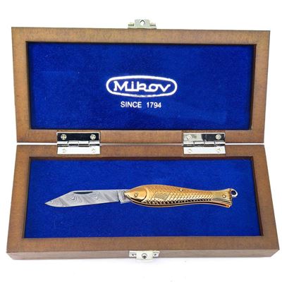 Couteau poisson ACIER DE DAMAS manche LAITON DORÉ MIKOV 130-DZ-1 3