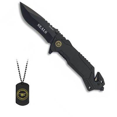 Couteau pliant SEALS + étui + DOG TAG