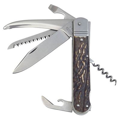 Couteau pliant 6 KP avec imitation corne INOXYDABLE avec sécurité, manche en PLASTIQUE