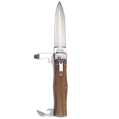 Couteau à lame rétractable avec manche en bois et ouvre-bouteilles