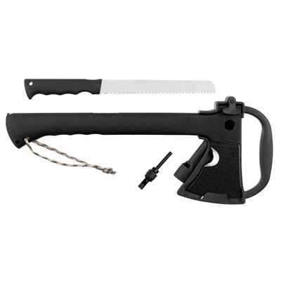 Hache SURVIVAL avec scie et silex, étui en plastique inclus