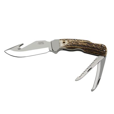 Couteau de chasse INOXYDABLE à lame fixe, manche en CORNE avec scie