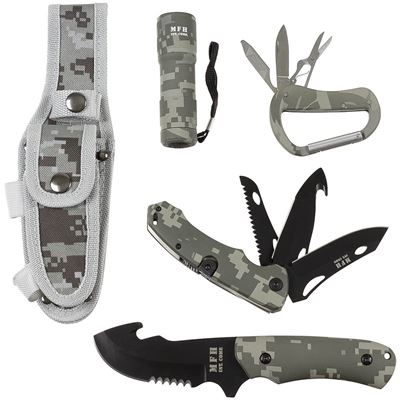 Couteau à lame fixe + couteau pliant + lampe torche + mousqueton ACU DIGITAL MFH 45451Q 2