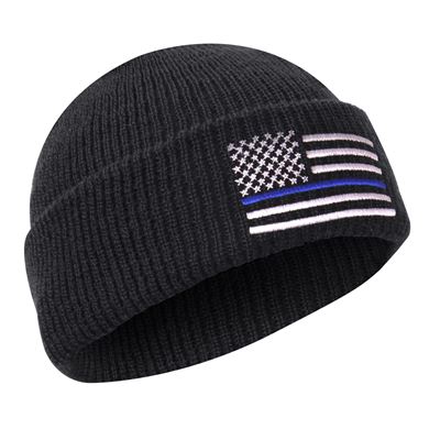 Bonnet DELUXE tricoté drapeau américain avec ligne bleue NOIR