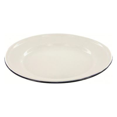Assiette émaillée peu profonde BLANCHE avec bord bleu 25 cm