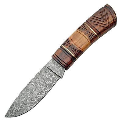 Couteau à lame fixe DAMASCUS CARVED manche en bois