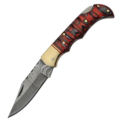 Couteau pliant DAMASCUS RED and BLACK manche en bois