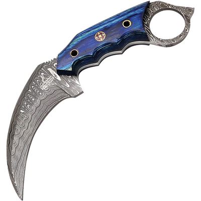Couteau FH Karambit en acier damassé avec étui BLEU